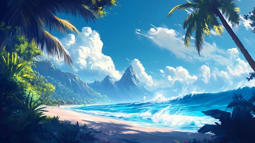Tropical Beach Vista with Mountain Range and Coastal Landscape
