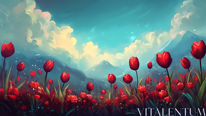 Red Tulip Field Mountain Landscape Digital Paint.