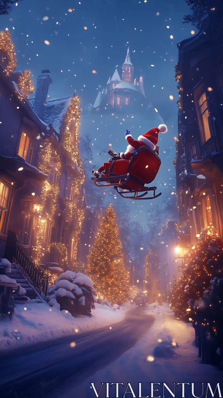 Santa’s quiet flight above a storybook winter street.