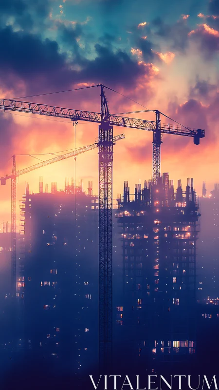 Cranes sketch neon skylines in a dusk-tinted dreamscape.