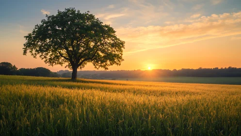 Solitary tree overlooks glowing wheat field at sunrise.