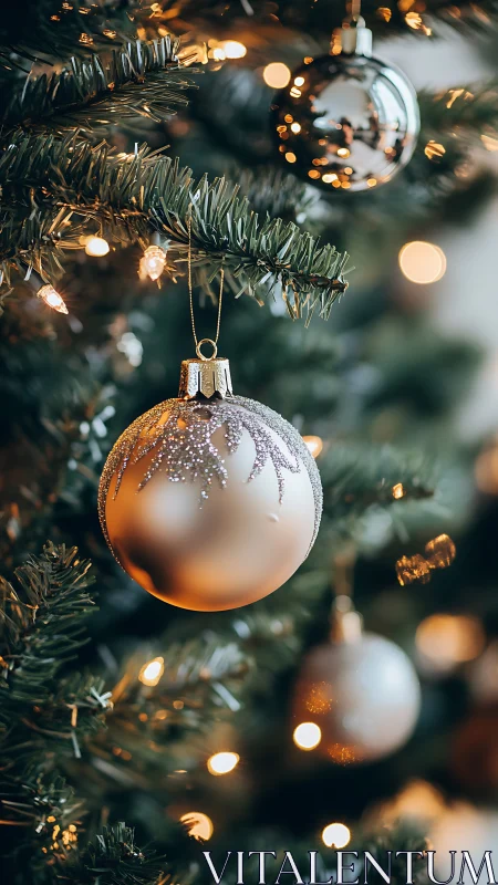 Silver Christmas bauble glows among warm festive lights.