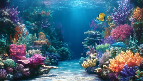 Coral reef ecosystem with tropical fish under clear water.