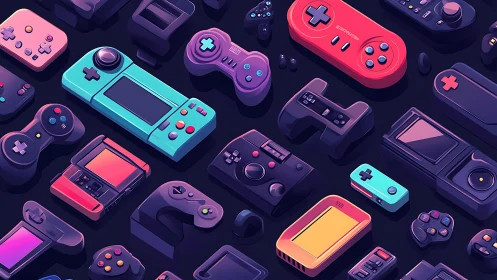 Isometric spectrum of retro-styled game controllers arrayed.