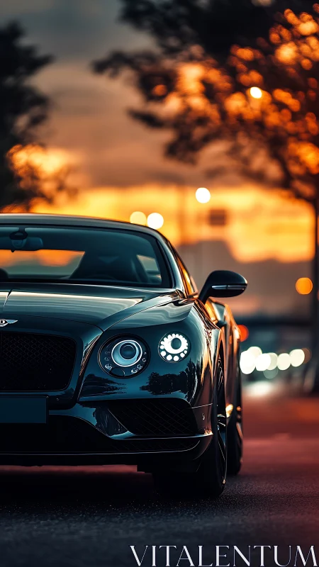 Luxury coupe glows against vivid sunset city backdrop.