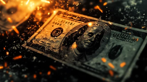 Burning sparks dance around a lonely hundred dollar bill.