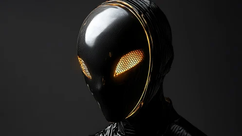 Futuristic black android head with glowing honeycomb eyes.
