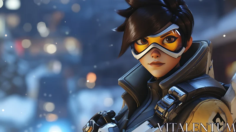 Futuristic female hero in winter city with tech armor.