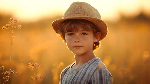 Child in straw hat positioned in golden field at sunset