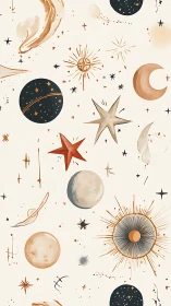 Celestial symbols drift across a warm, whimsical cosmos.