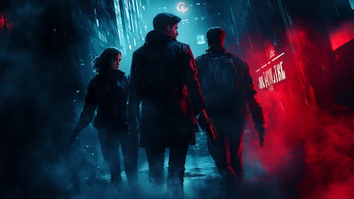 Three armed figures in neon lit urban alley during rainfall.