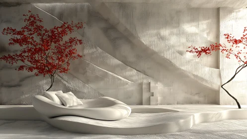 Serene Minimalist Haven with Crimson Cherry Blossoms.