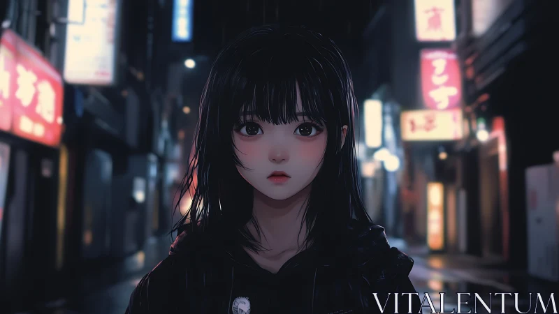 Solitary anime girl stands in neon-lit rainy city street at night.