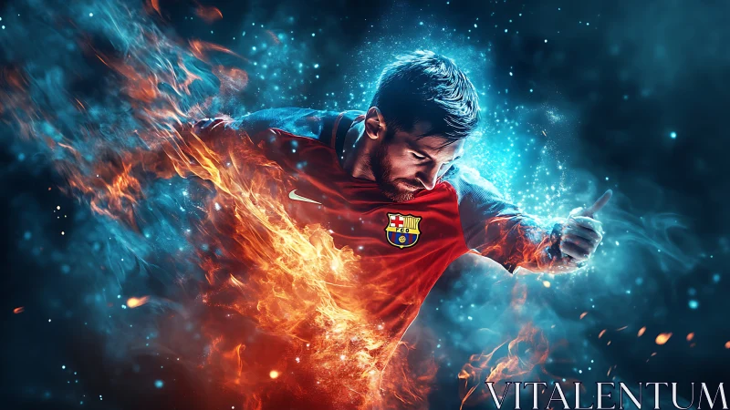 Blazing footballer in fiery blue energy burst digital artwork.