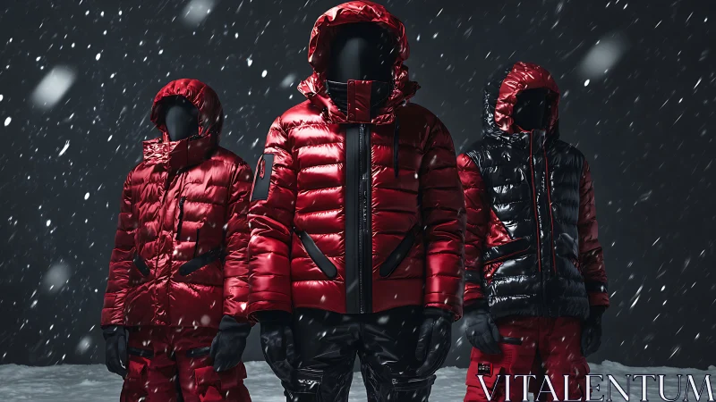 Three Mannequins Wearing Luminous Red Quilted Winter Jackets in Heavy Snowfall
