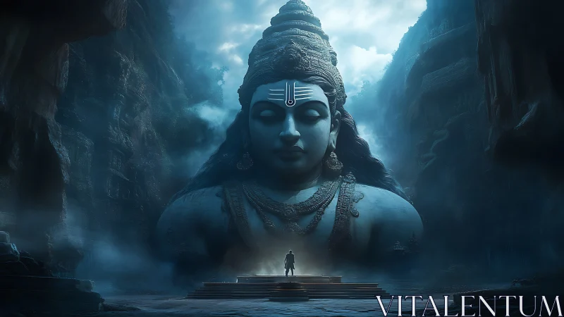 Colossal stone deity figure in mist-filled canyon environment.