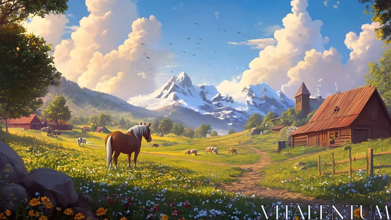 Idyllic alpine farm valley rendered in luminous digital painting