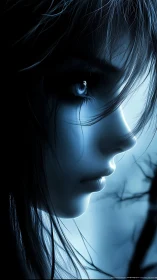 Moonlit profile of a blue-lit dreamer on the edge of silence.