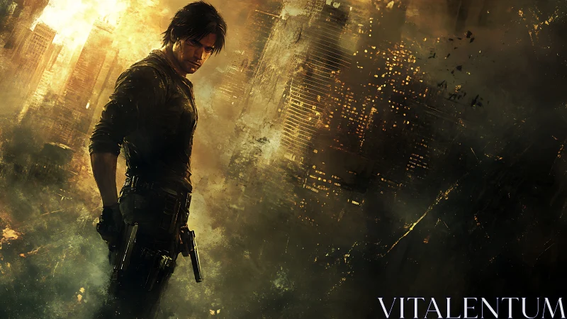 Gunmetal dusk crowns the lone vigilante above ruin