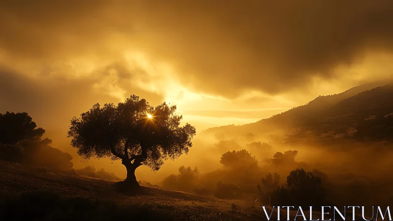 Solitary hillside tree amid golden misty sunset glow.