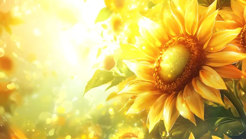 Radiant sunflowers glowing in luminous golden haze.