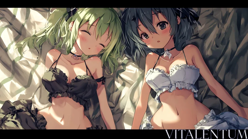 High-detail anime rendering of two girls resting on bed
