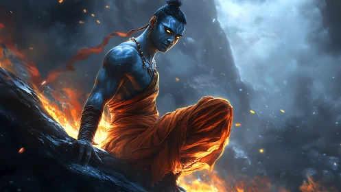 Blue warrior meditates over volcanic ridge amid storm