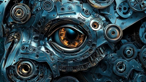 Cybernetic eye core within layered metallic gear matrix.