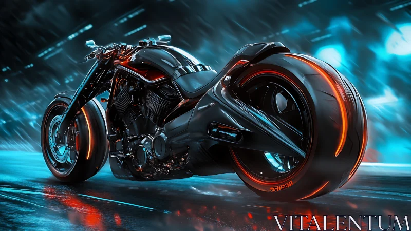 Futuristic black motorcycle on wet neon lit urban roadway.