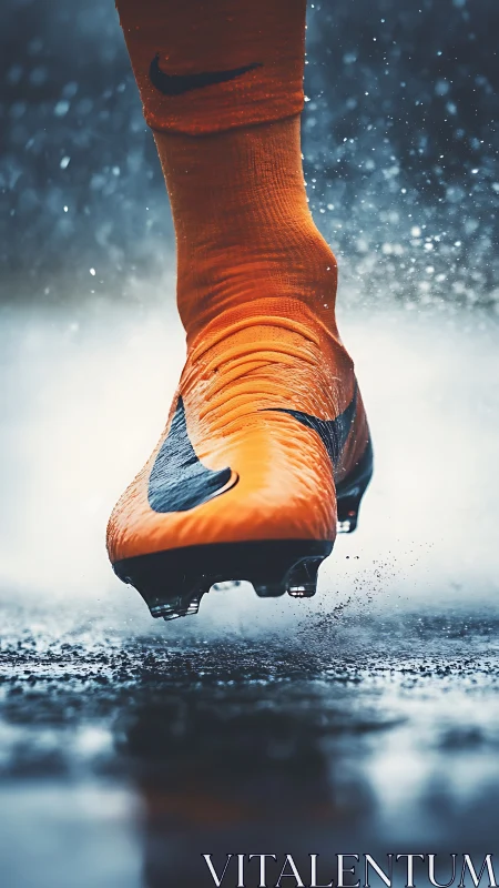 Dynamic close-up of orange soccer cleat striking wet turf.