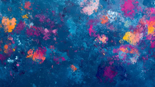 Abstract Colorful Paint Splatter on Blue Canvas, Modern Art Style.