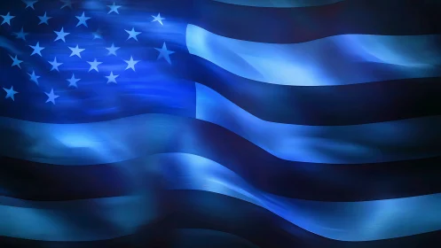 Blue-lit stripes drift as a luminous American night tide