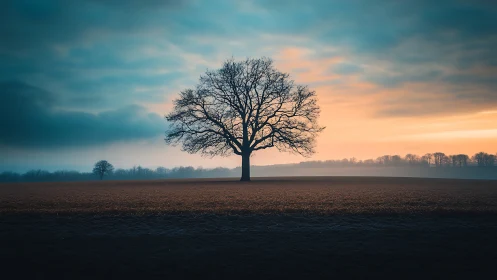 Solitary Tree in Misty Field at Sunrise, Moody Landscape Photography.