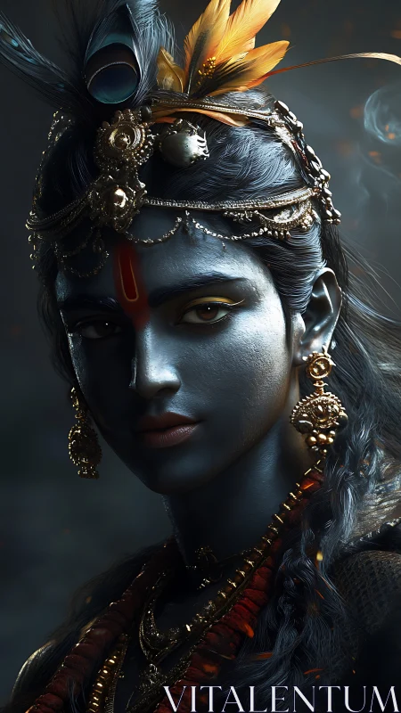 Divine blue portrait with ornate gold jewelry and feathers.