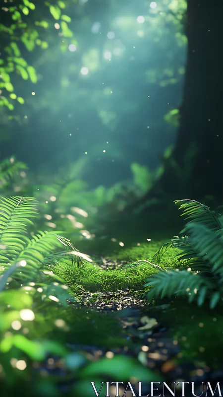 Sunlit Forest Floor with Verdant Growth and Particles.