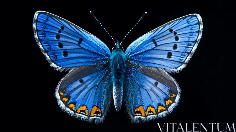 Blue butterfly macro on black background, wings spread wide.