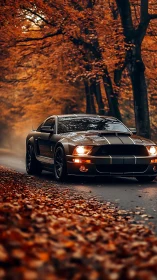 Muscular black Mustang prowls through a tunnel of autumn fire