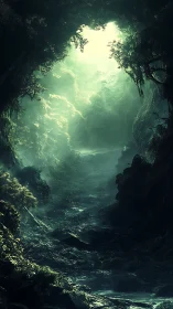 Cave Opening with Luminous Sky and Lush Vegetation.