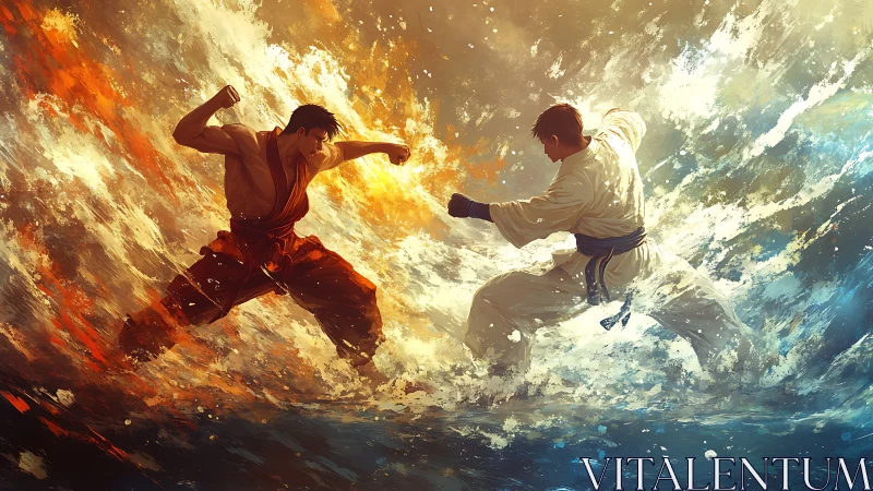 Two martial artists engage in combat amid abstract elements