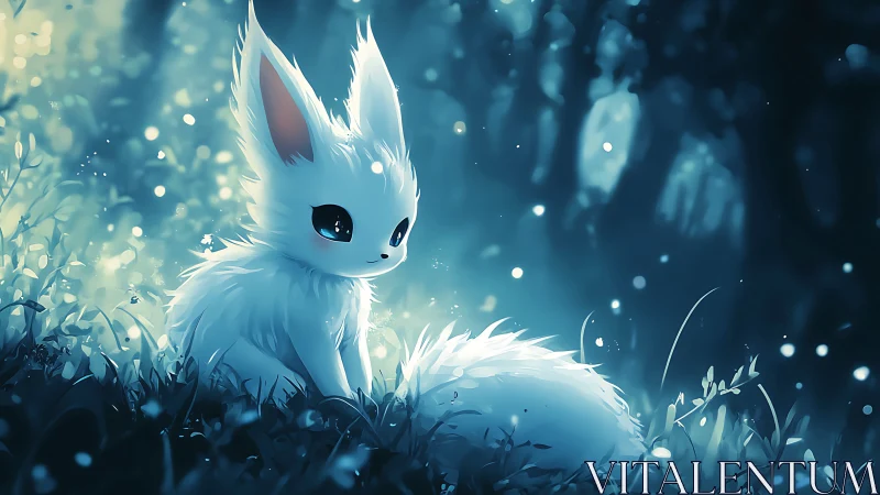 Small white creature sits in luminous stylized forest scene