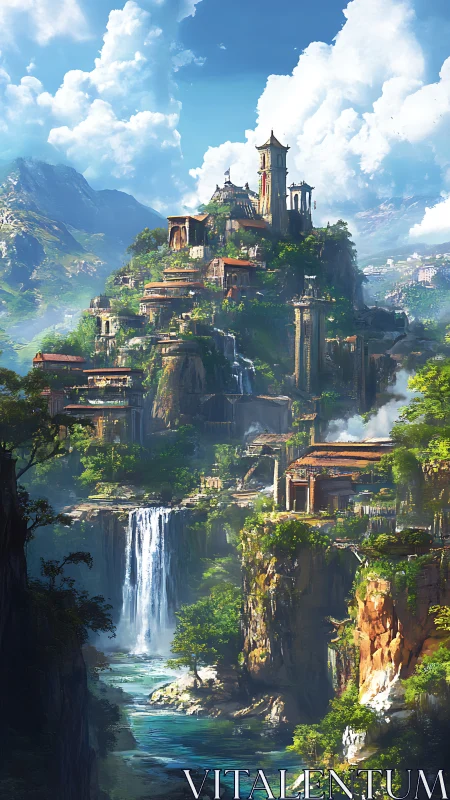 Mountain citadel overlooks cascading waterfalls and lush valley