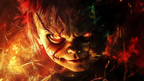 Sinister scarred doll face lit by intense fiery glow.