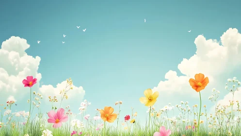 Vibrant Wildflower Meadow Beneath Turquoise Sky with Floating Birds