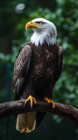 Regal bald eagle resting calmly on a forest perch.