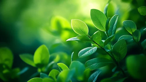 Sunlit green leaves glow softly in tranquil morning haze