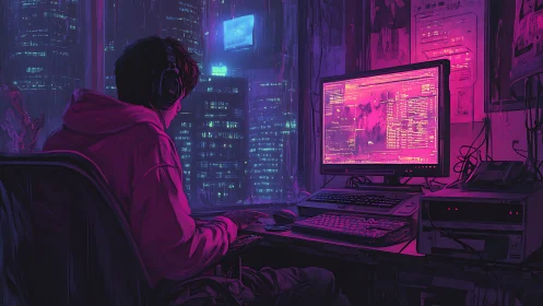 Lone coder works by neon city window in moody cyberpunk glow