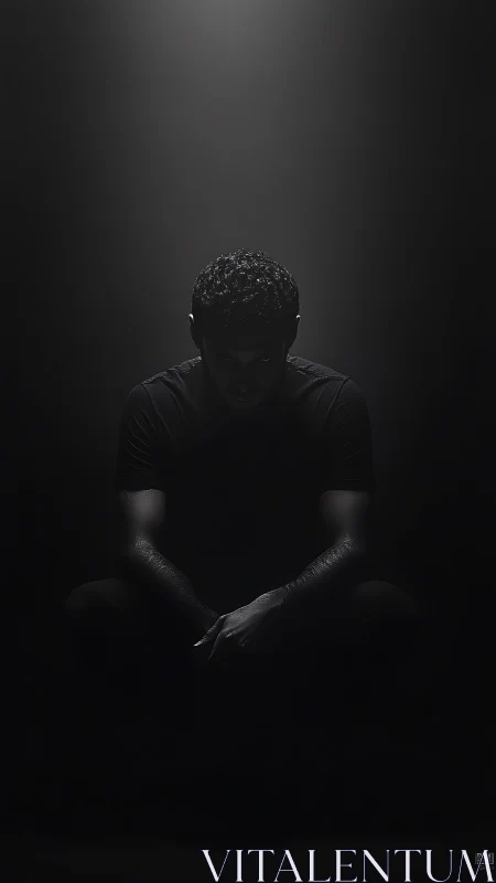 Low‑key portrait isolates seated figure with top‑down spotlight contrast
