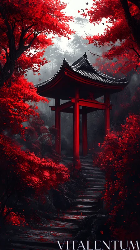 Crimson forest gate amid misty steps and shadowed path.