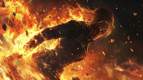 Silhouetted Figure Enveloped in Turbulent Inferno: Dynamic Fire Particle Simulation