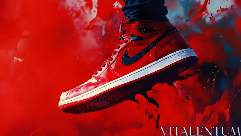 Dynamic red sneaker suspended over abstract paint burst.